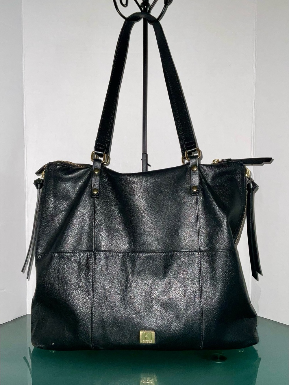 KOOBA BLACK PEBBLED LEATHER 2 STRAP SHOULDER BAG FRONT POCKET - VERY GOOD - Picture 5 of 14